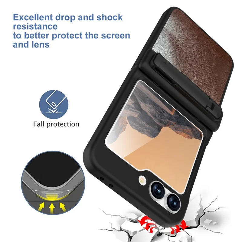 Funda GW181 con Soporte para Samsung Galaxy Z Flip7 FE 5G / Flip6 5G - Textura de Cuero Loco, Cubierta Trasera de Teléfono de PC - Marrón Oscuro