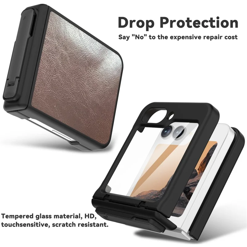 Funda GW181 con Soporte para Samsung Galaxy Z Flip7 FE 5G / Flip6 5G - Textura de Cuero Loco, Cubierta Trasera de Teléfono de PC - Marrón Oscuro