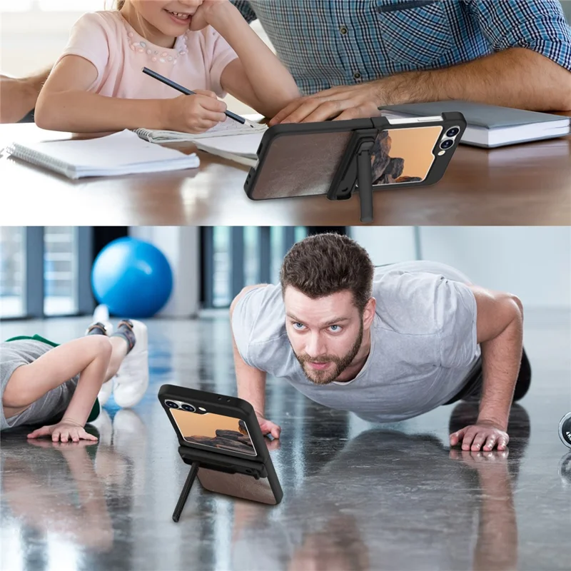 Funda GW181 con Soporte para Samsung Galaxy Z Flip7 FE 5G / Flip6 5G - Textura de Cuero Loco, Cubierta Trasera de Teléfono de PC - Marrón Oscuro