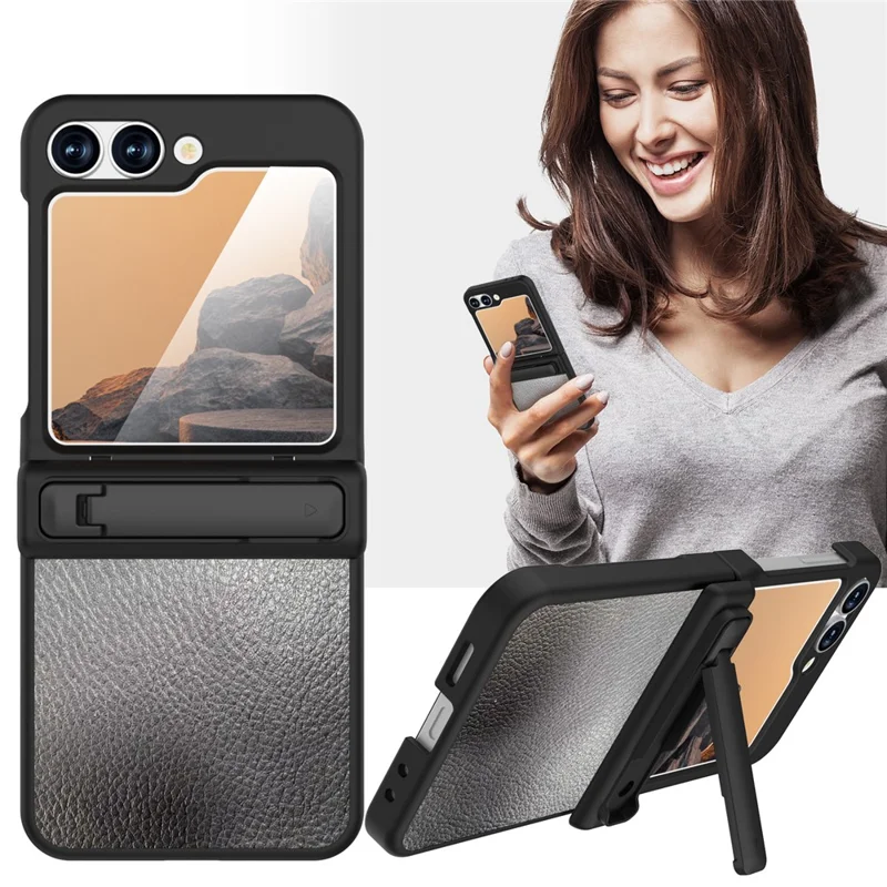 GW181 For Samsung Galaxy Z Flip7 FE 5G / Flip6 5G Kickstand Case Litchi Texture PU + PC Phone Back Cover - Black