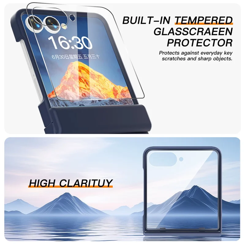 For Samsung Galaxy Z Flip7 5G Case Hinge Protection Hard PC Phone Cover Built-In Screen Film - Dark Blue