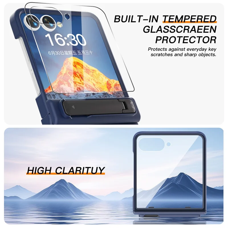 Чехол для Samsung Galaxy Z Flip7 5G со встроенной подставкой и защитой петель, жесткий пластиковый чехол с встроенной защитной пленкой - Темно-синий
