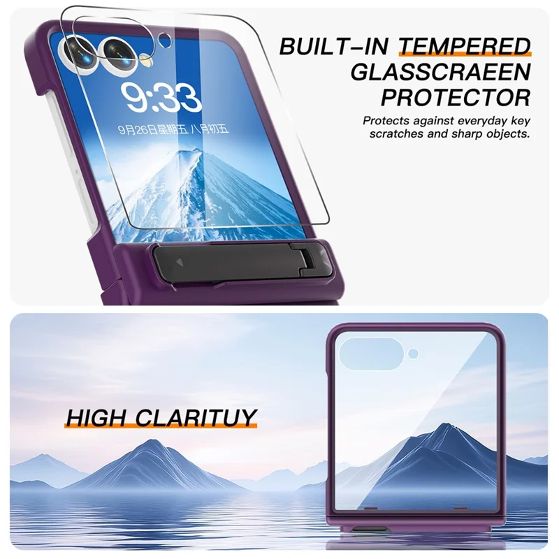 For Samsung Galaxy Z Flip7 5G Kickstand Case Hinge Protection Hard PC Phone Cover Built-In Screen Film - Dark Purple