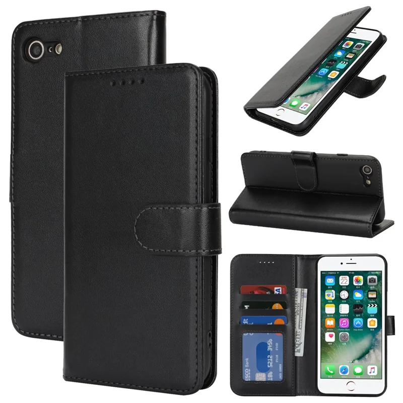 For iPhone SE (2022) / (2020) / 8 / 7 Stand Case Shockproof Leather Wallet Phone Cover - Black
