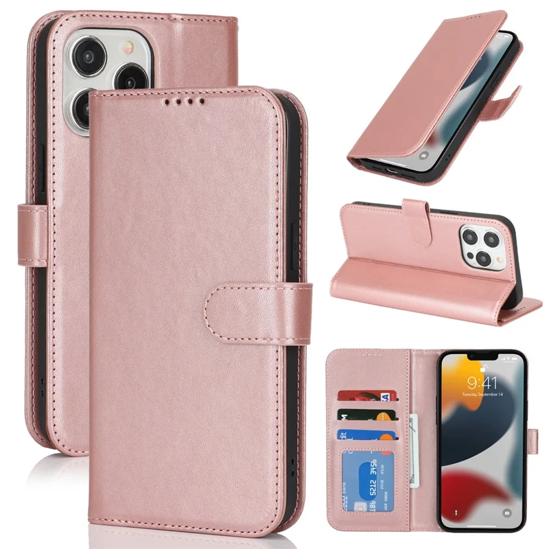 For iPhone 13 Pro Stand Case Shockproof Leather Wallet Phone Cover - Rose Gold