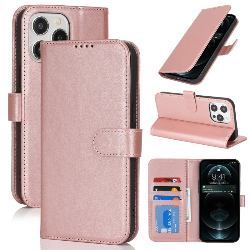 For iPhone 13 Pro Max / 12 Pro Max Stand Case Shockproof Leather Wallet Phone Cover - Rose Gold
