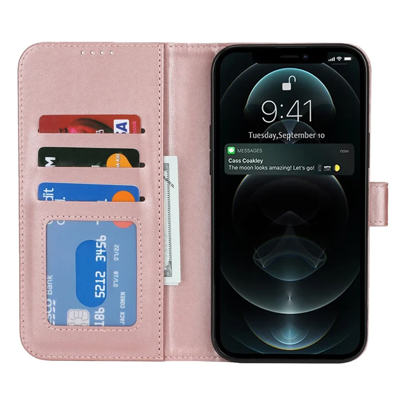 For iPhone 13 Pro Max / 12 Pro Max Stand Case Shockproof Leather Wallet Phone Cover - Rose Gold