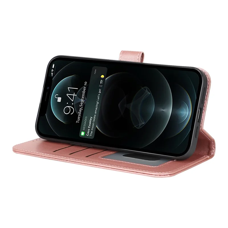 For iPhone 13 Pro Max / 12 Pro Max Stand Case Shockproof Leather Wallet Phone Cover - Rose Gold