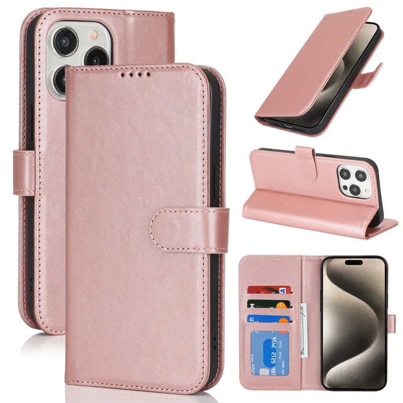 For iPhone 15 Pro Max Stand Case Shockproof Leather Wallet Phone Cover - Rose Gold