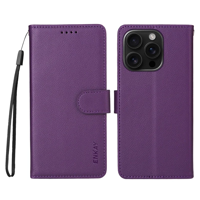 ENKAY HAT PRINCE For iPhone 16 Pro Wallet Case with Strap RFID Blocking Leather Stand Phone Cover - Purple