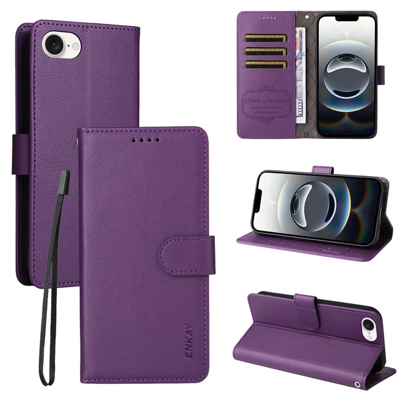ENKAY HAT PRINCE For iPhone 16e Wallet Case with Strap RFID Blocking Leather Stand Phone Cover - Purple