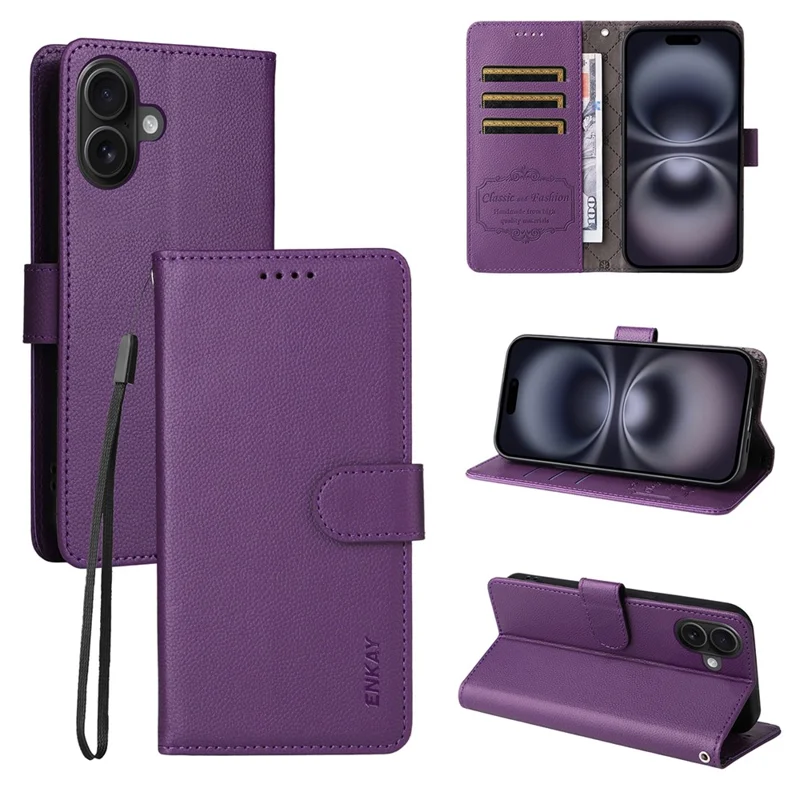 ENKAY HAT PRINCE For iPhone 17 Wallet Case with Strap RFID Blocking Leather Stand Phone Cover - Purple
