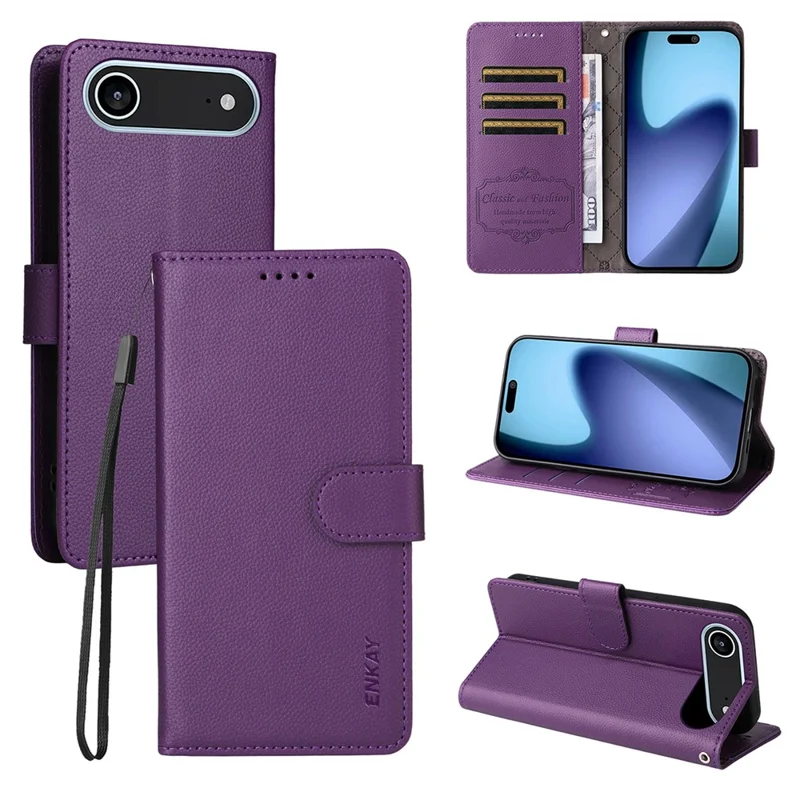 ENKAY HAT PRINCE Per iPhone 17 Cover a Portafoglio con Cinturino Blocco RFID in Pelle con Supporto - Viola