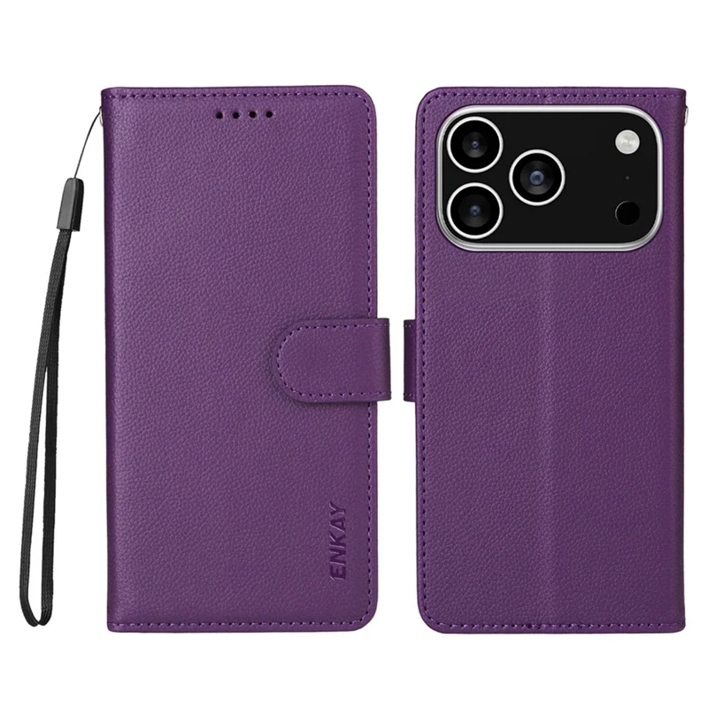 ENKAY HAT PRINCE For iPhone 17 Pro Max Wallet Case with Strap RFID Blocking Leather Stand Phone Cover - Purple