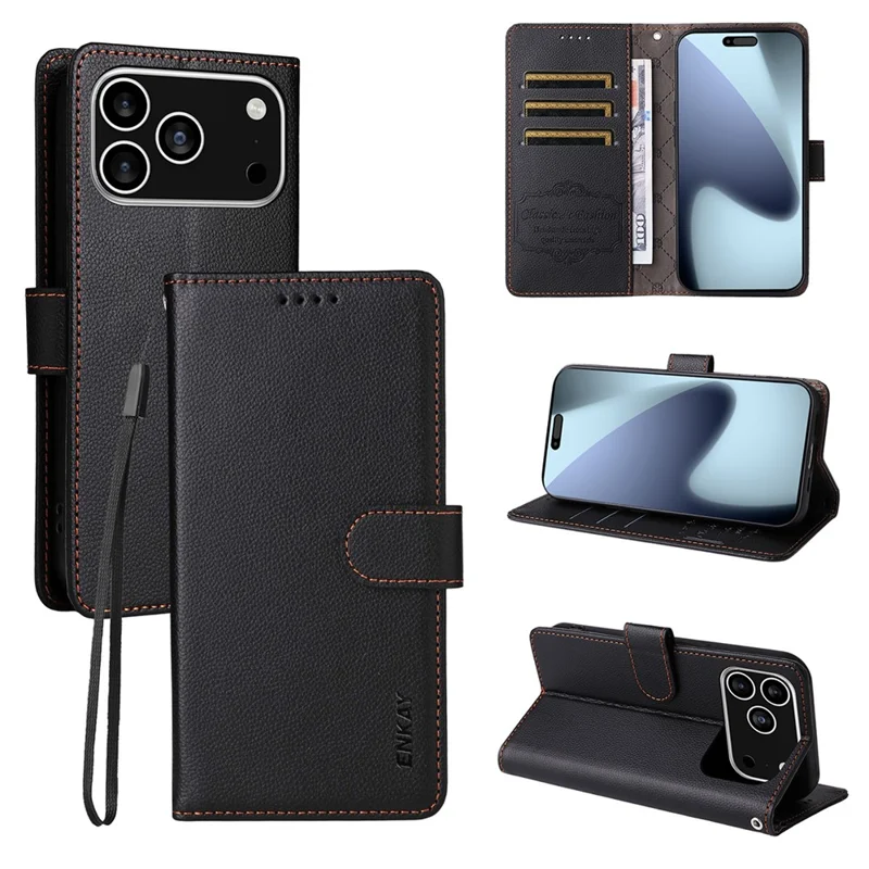 ENKAY HAT PRINCE For iPhone 17 Pro Max Wallet Case with Strap RFID Blocking Leather Stand Phone Cover - Black