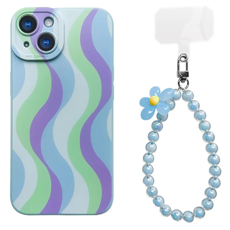 For iPhone 15 Case with Phone Tether Tabs Protective TPU Phone Cover Wave Pattern Design - Purple / Blue