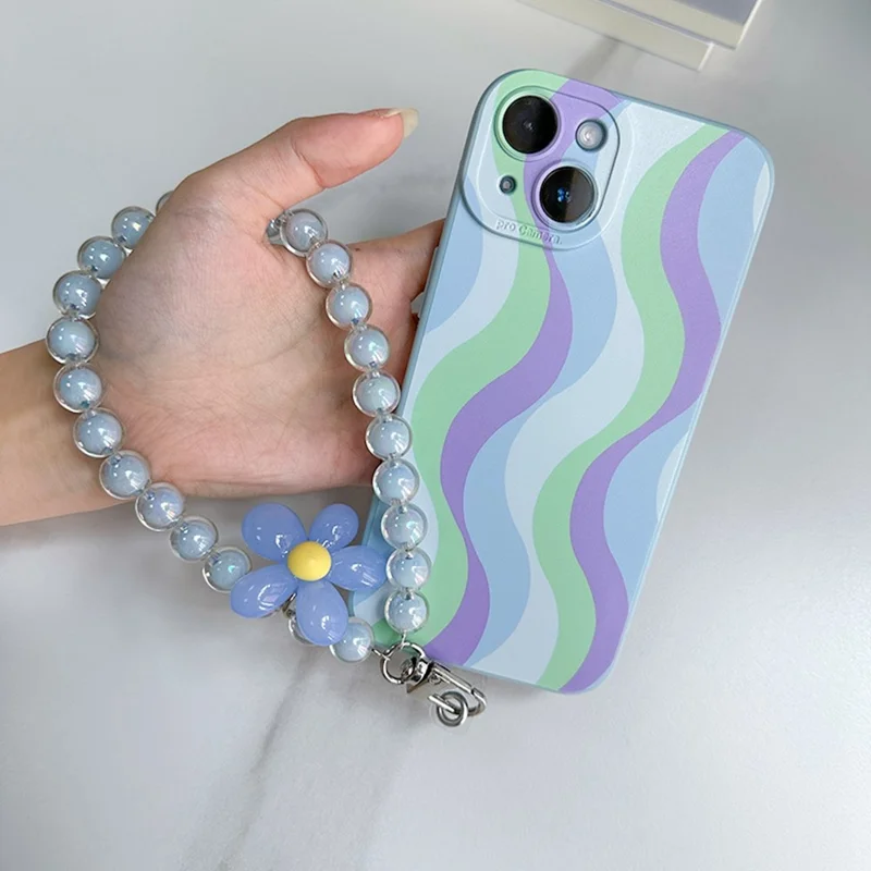 For iPhone 15 Plus Case with Phone Tether Tabs Protective TPU Phone Cover Wave Pattern Design - Purple / Blue