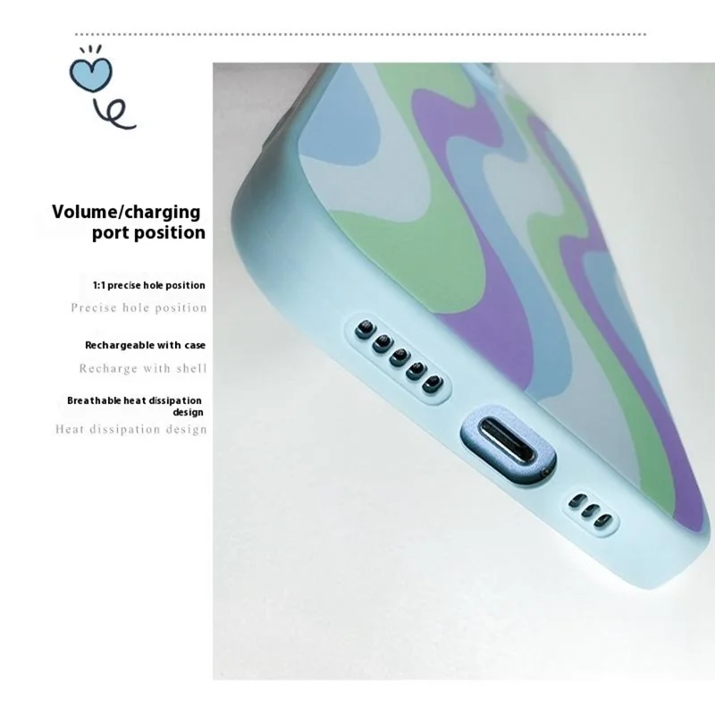 For iPhone 15 Plus Case with Phone Tether Tabs Protective TPU Phone Cover Wave Pattern Design - Purple / Blue
