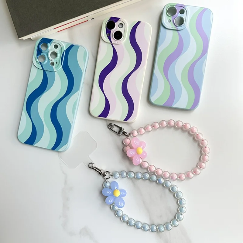 For iPhone 15 Plus Case with Phone Tether Tabs Protective TPU Phone Cover Wave Pattern Design - Purple / Blue