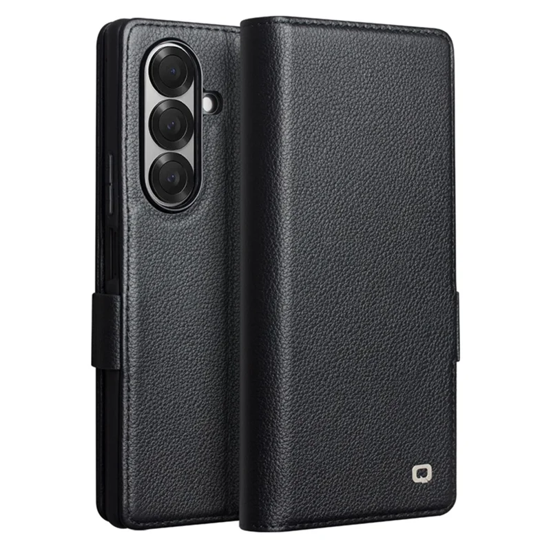QIALINO Funda de cuero de vaca auténtico con soporte y portarretratos para Samsung Galaxy Z Fold7 5G - Negro