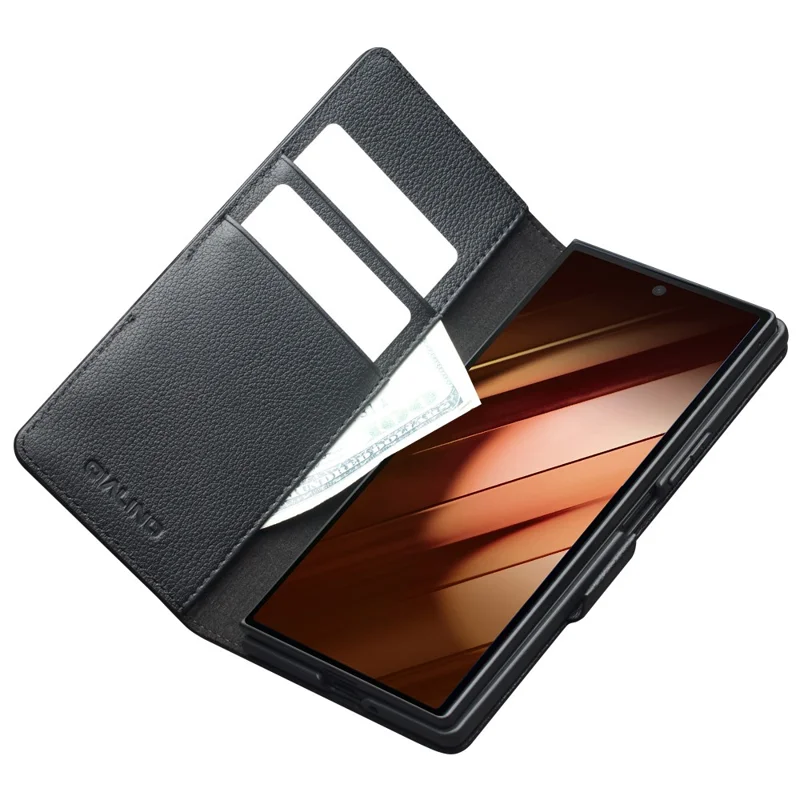 QIALINO Funda de cuero de vaca auténtico con soporte y portarretratos para Samsung Galaxy Z Fold7 5G - Negro