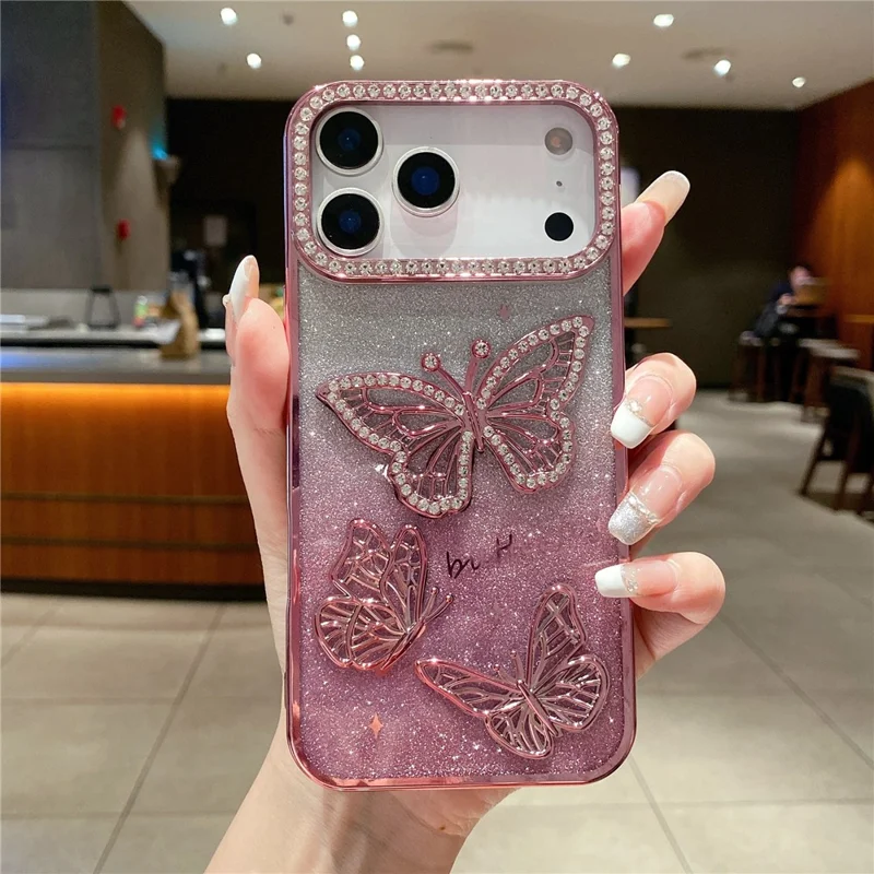 Für iPhone 17 Pro Max Hülle mit Strass-Schmetterling Dekor TPU Handyrückseite - Rosa