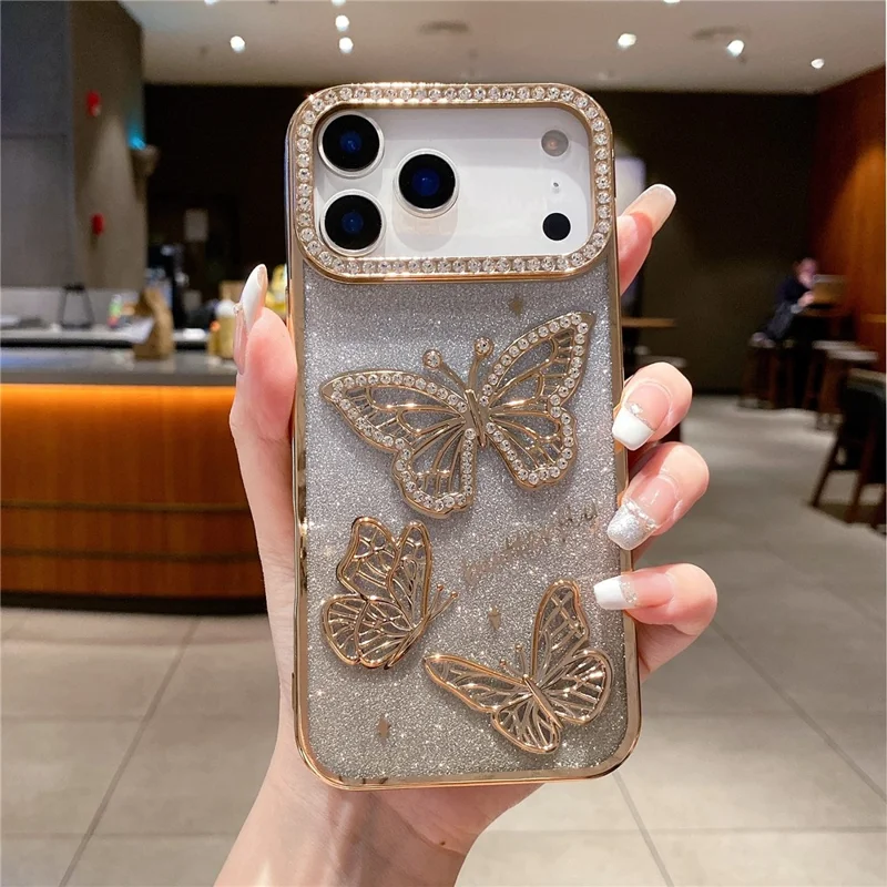 For iPhone 17 Pro Case Rhinestone Butterfly Decor TPU Phone Back Cover - Gold