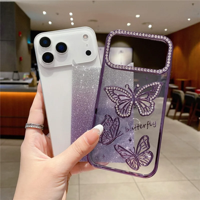 For iPhone 17 Pro Case Rhinestone Butterfly Decor TPU Phone Back Cover - Gold