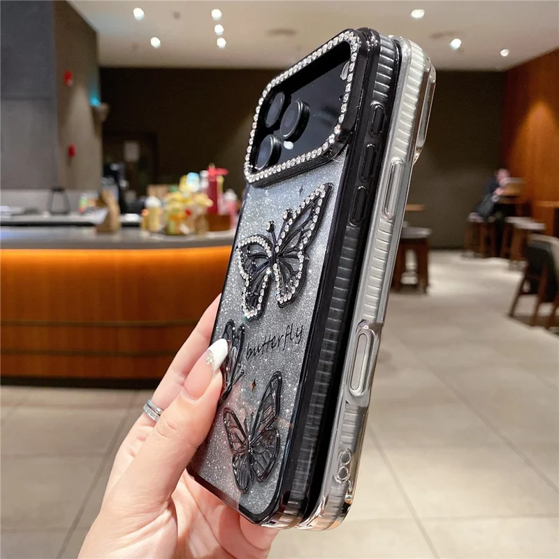 For iPhone 17 Pro Case Rhinestone Butterfly Decor TPU Phone Back Cover - Gold