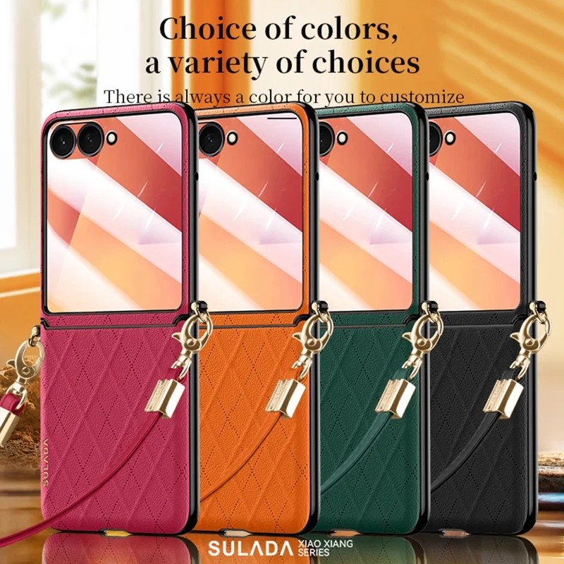 SULADA For Samsung Galaxy Z Flip7 5G Case Rhombus Leather+PC Phone Cover with Shoulder Strap - Red