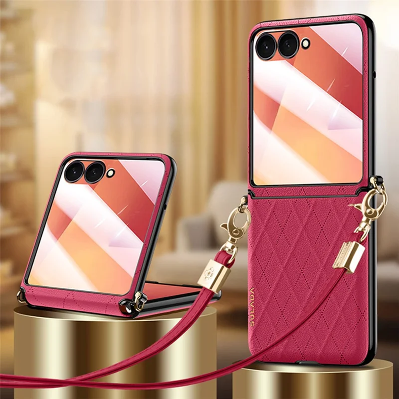 SULADA For Samsung Galaxy Z Flip7 5G Case Rhombus Leather+PC Phone Cover with Shoulder Strap - Red