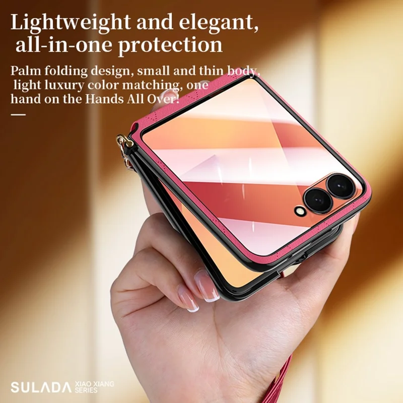 SULADA For Samsung Galaxy Z Flip7 5G Case Rhombus Leather+PC Phone Cover with Shoulder Strap - Red