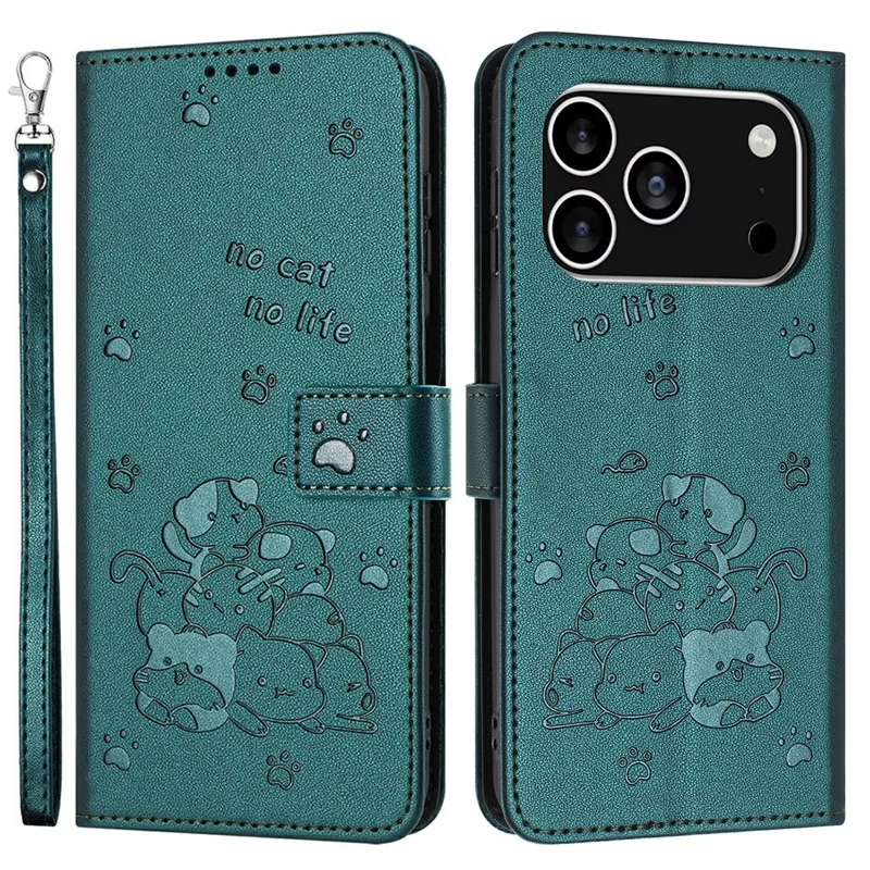 For iPhone 17 Pro Wallet Case Cats Imprint Leather Phone Cover with Strap - Blackish Green