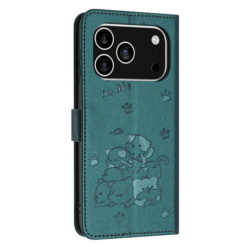For iPhone 17 Pro Wallet Case Cats Imprint Leather Phone Cover with Strap - Blackish Green