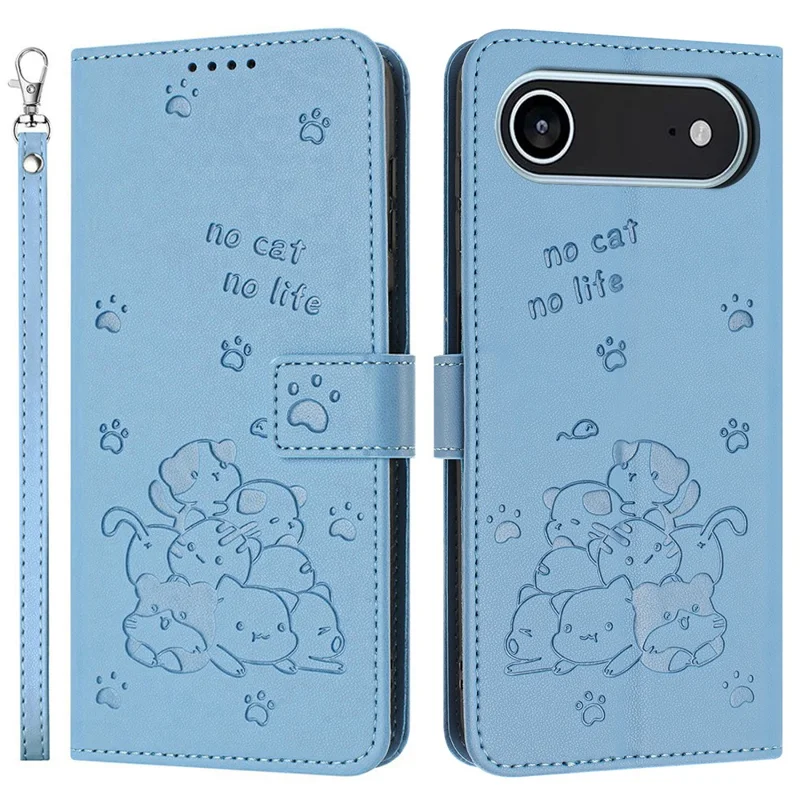 Cover a portafoglio per iPhone 17 con Stampa di Gatti in Pelle con Cinturino - Blu