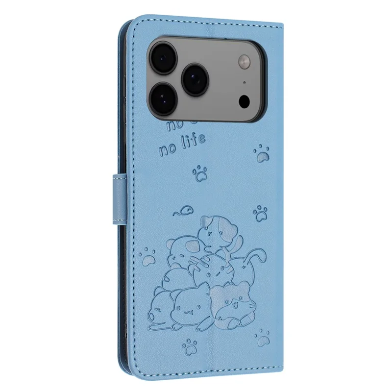 For iPhone 17 Pro Max Wallet Case Cats Imprint Leather Phone Cover with Strap - Blue
