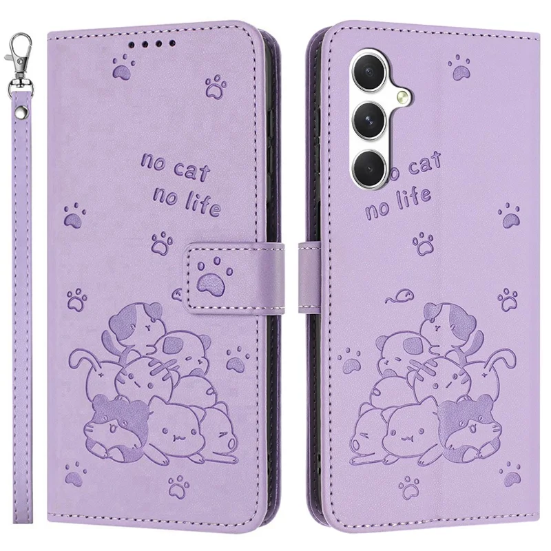 For Samsung Galaxy S25 FE Wallet Case Cats Imprint Leather Phone Cover with Strap - Purple