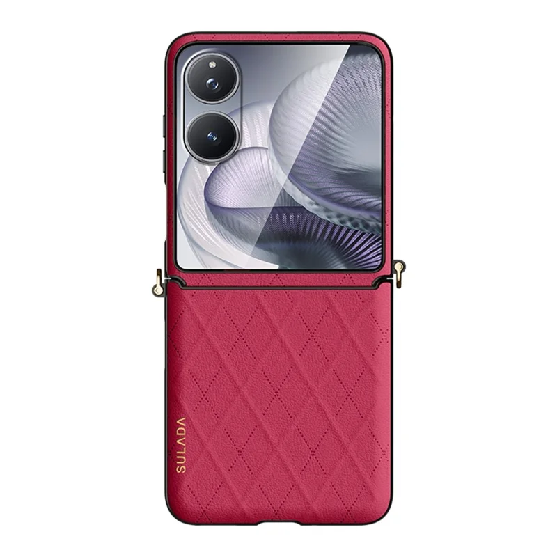 SULADA For Xiaomi Mix Flip 2 Case Rhombus Leather+PC Phone Cover with Shoulder Strap - Red