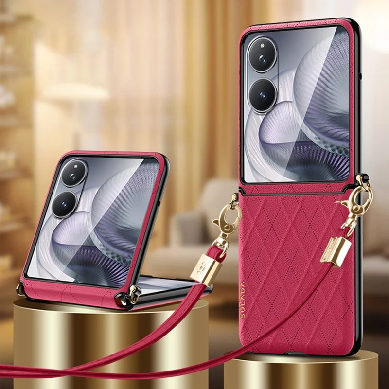 SULADA For Xiaomi Mix Flip 2 Case Rhombus Leather+PC Phone Cover with Shoulder Strap - Red