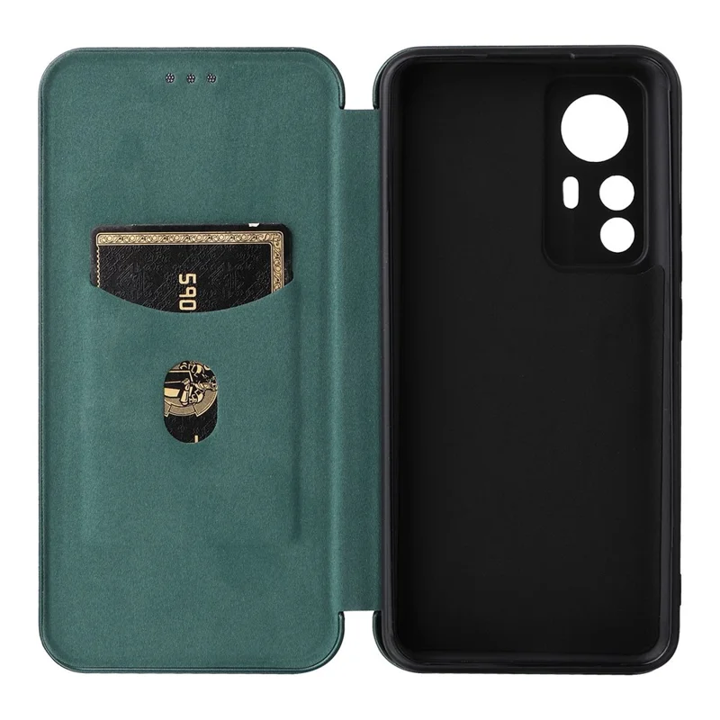 Pour Xiaomi 12T 5G / Redmi K50 Ultra 5G PU Téléphone Téléphone Card de Carte à Sous en Fibre de Carbone Texture Absorption Magnétique Anti-scratch Couvercle Flip - Vert