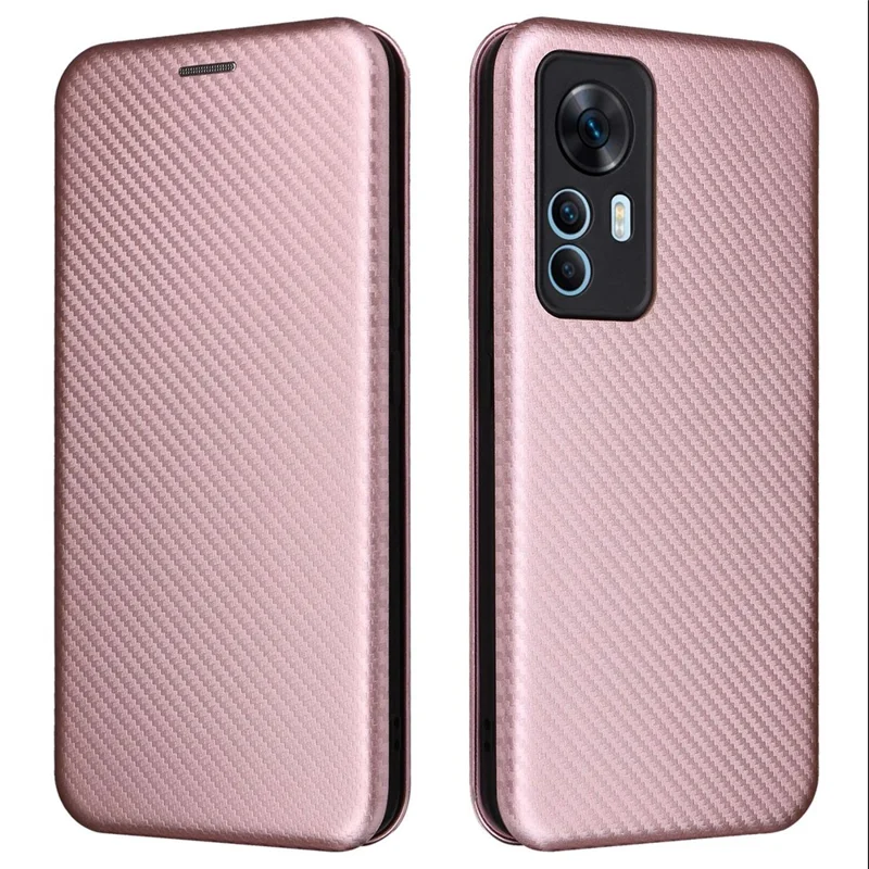 Para Xiaomi 12T 5G / Redmi K50 Ultra 5G Capa de Telefone de Couro PU Slot para Cartão Suporte Textura de Fibra de Carbono Anti-arranhões Absorção Magnética Flip Cover - Rose Gold