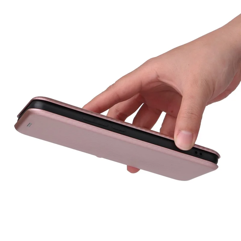 Para Xiaomi 12T 5G / Redmi K50 Ultra 5G Capa de Telefone de Couro PU Slot para Cartão Suporte Textura de Fibra de Carbono Anti-arranhões Absorção Magnética Flip Cover - Rose Gold