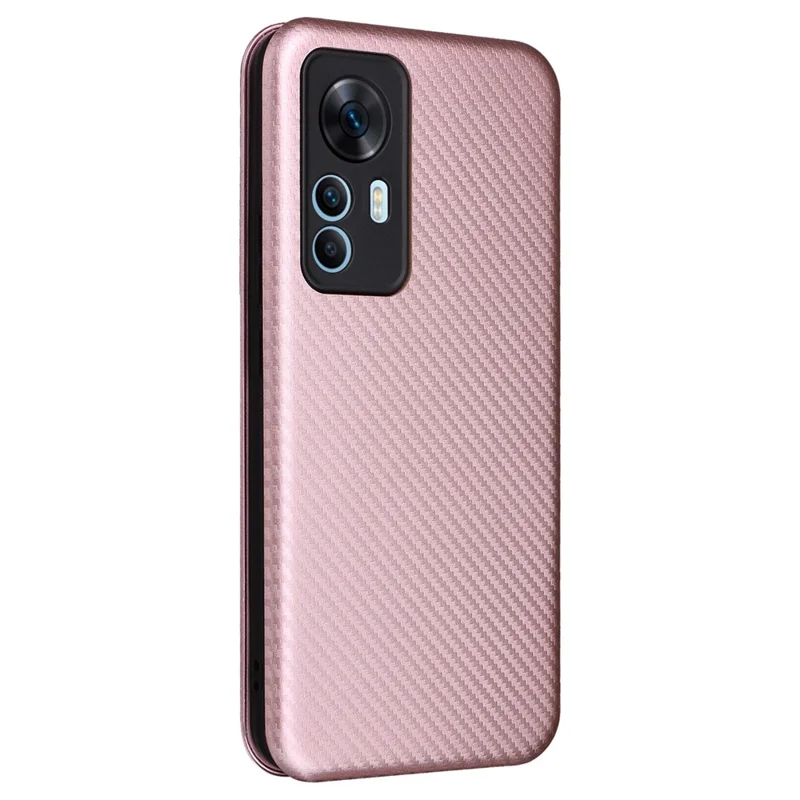 Para Xiaomi 12T 5G / Redmi K50 Ultra 5G Capa de Telefone de Couro PU Slot para Cartão Suporte Textura de Fibra de Carbono Anti-arranhões Absorção Magnética Flip Cover - Rose Gold