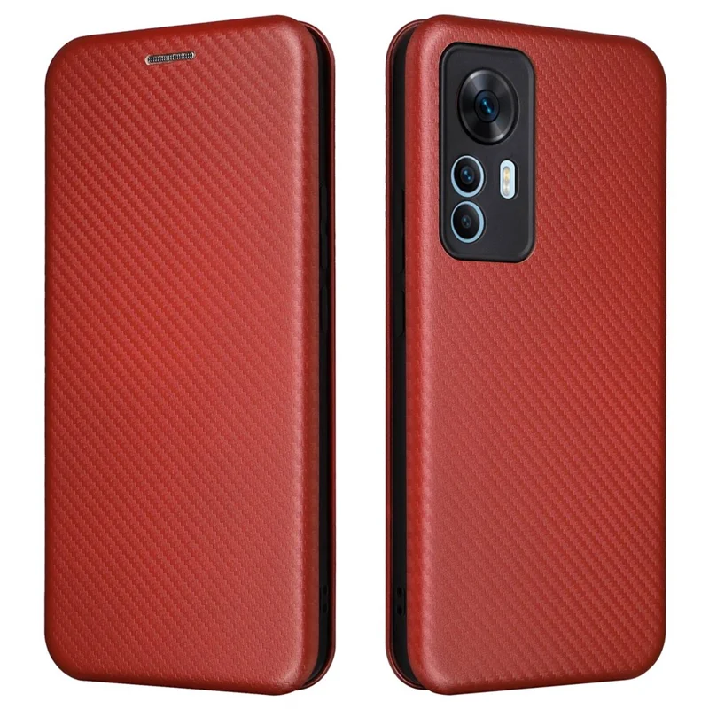 Para Xiaomi 12t 5g / Redmi K50 Ultra 5G PU Case de Cuero Ranura Ranura Soporte de Fibra de Carbono Fibra de Absorción Magnética Anti-scratch Flip Cubierta - Marrón