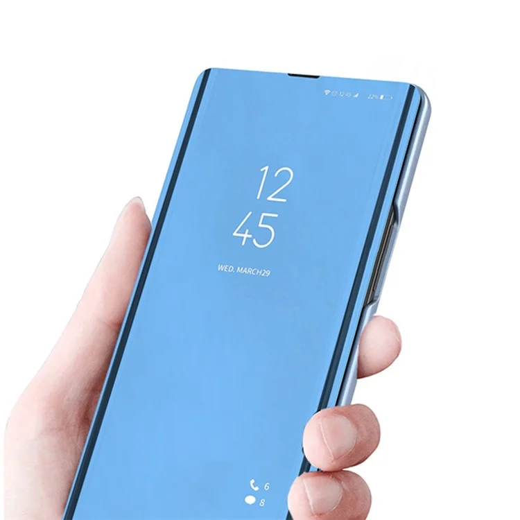 For Xiaomi 12T 5G / 12T Pro 5G / Redmi K50 Ultra 5G PU Leather Mirror Flip Electroplating Cover Clear View Window Stand Scratch-proof Full Body Protective Phone Case - Blue