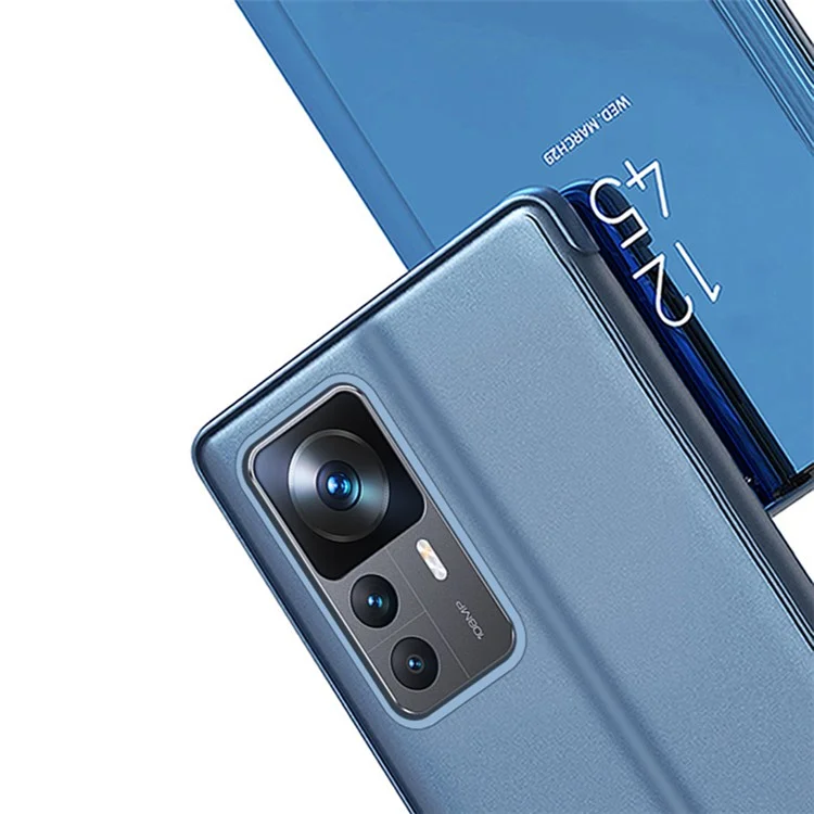 For Xiaomi 12T 5G / 12T Pro 5G / Redmi K50 Ultra 5G PU Leather Mirror Flip Electroplating Cover Clear View Window Stand Scratch-proof Full Body Protective Phone Case - Blue