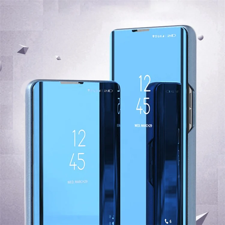 For Xiaomi 12T 5G / 12T Pro 5G / Redmi K50 Ultra 5G PU Leather Mirror Flip Electroplating Cover Clear View Window Stand Scratch-proof Full Body Protective Phone Case - Blue