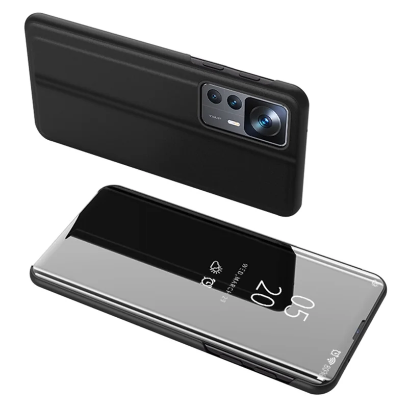 Para Xiaomi 12T 5G / 12T Pro 5G / Redmi K50 Ultra 5G Estuche protector de teléfono con tapa de piel sintética con efecto espejo, ventana translúcida y soporte - Negro