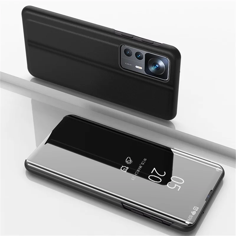 Para Xiaomi 12T 5G / 12T Pro 5G / Redmi K50 Ultra 5G Estuche protector de teléfono con tapa de piel sintética con efecto espejo, ventana translúcida y soporte - Negro