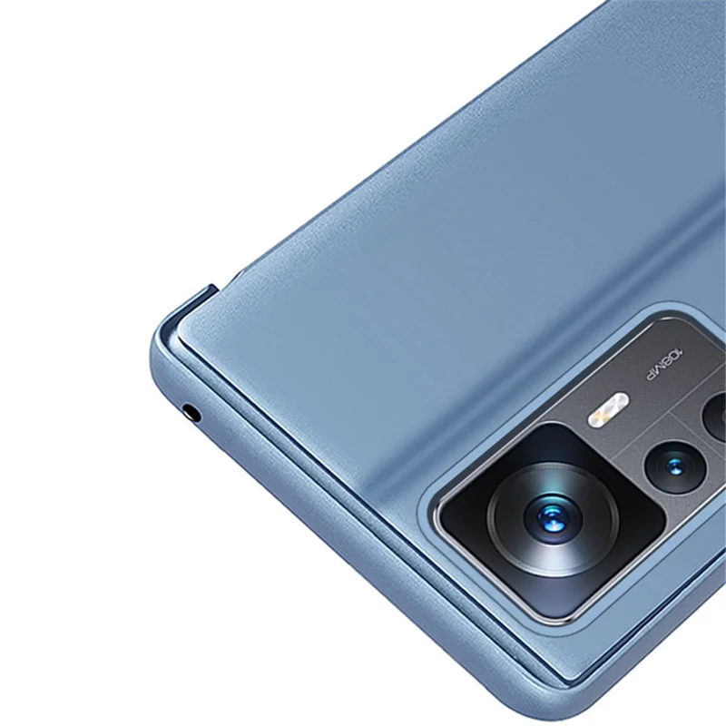Para Xiaomi 12T 5G / 12T Pro 5G / Redmi K50 Ultra 5G Estuche protector de teléfono con tapa de piel sintética con efecto espejo, ventana translúcida y soporte - Negro
